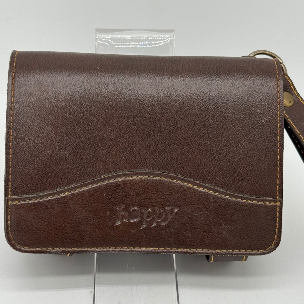 Vintage Happy Leather Double Kiss Lock Wallet Brown Trifold Accordion Frame Vtg